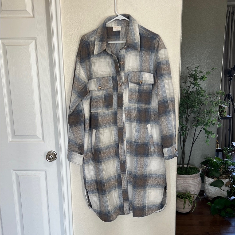 Plaid Shacket in Cream, Blue & Brown